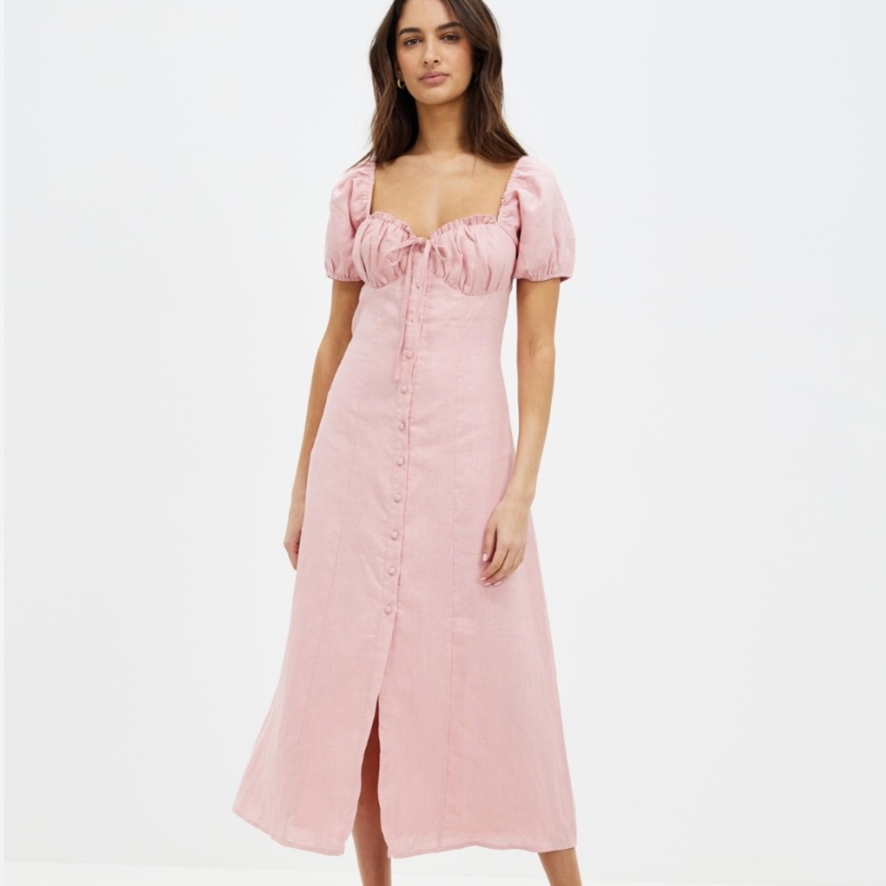 NEW Aere 100% Linen Blush Pink Sweetheart Neckline Midi Dress size 6